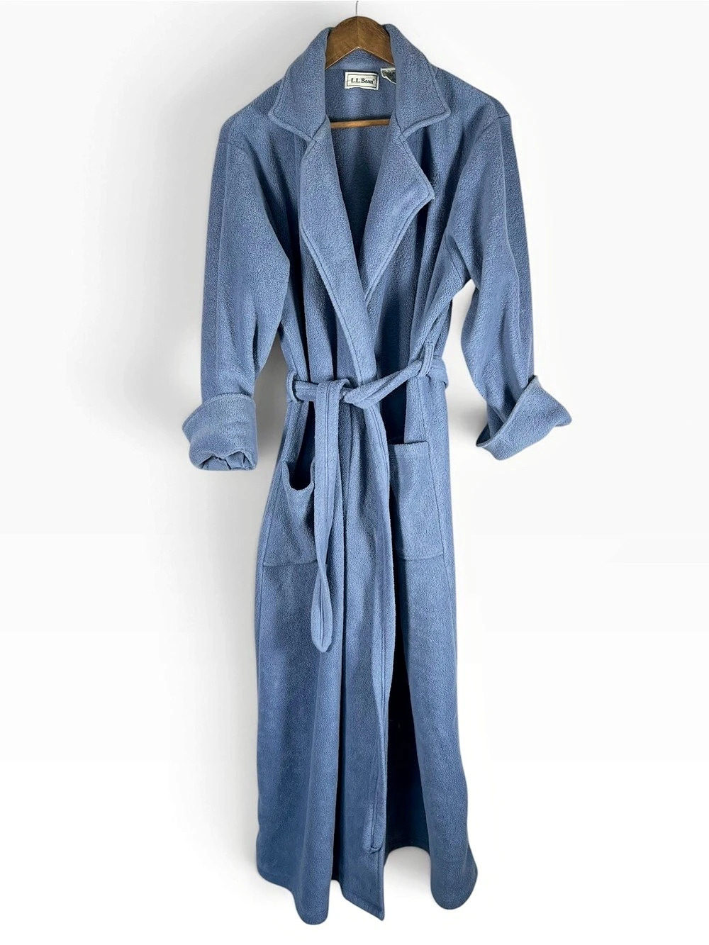 Vintage L.L.Bean Womens Fleece Wrap Robe Blue Size Medium Long Belted Cozy Plush